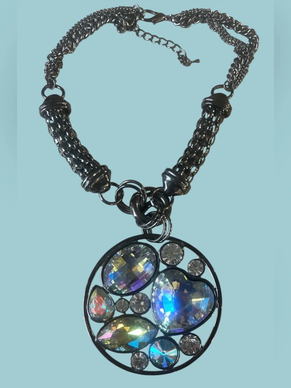 Crystal Multi-Stone Pendant Necklace - Iridescent Blue Accents